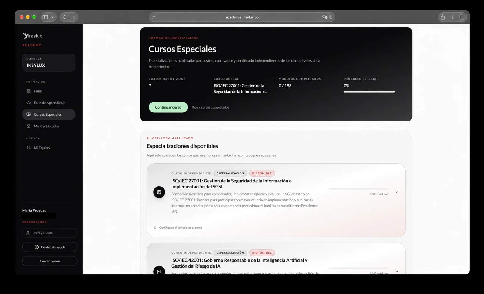 Catálogo habilitado de Cursos Especiales de Insylux Academy con avance independiente por curso
