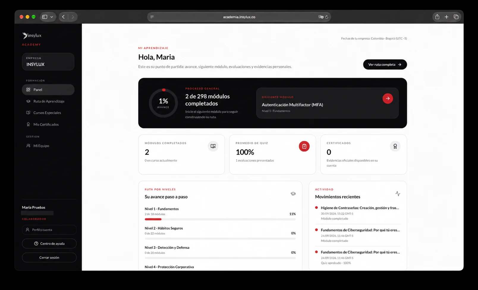 Panel de aprendizaje de Insylux Academy con progreso personal, siguiente módulo, evaluaciones y actividad; correo de la cuenta de prueba censurado