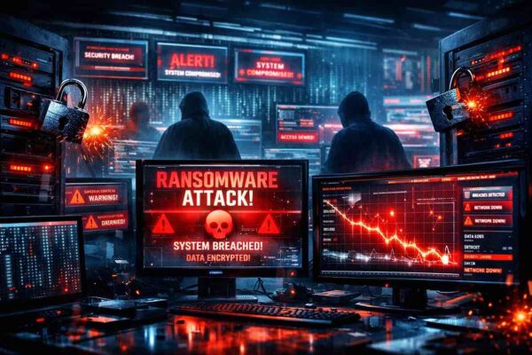 ilustración de IA generando ataques de phishing y ciberamenazas.