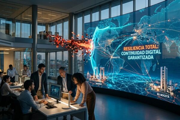 Expertos en ciberseguridad garantizando la continuidad digital de una empresa en España y Colombia ante ataques cibernéticos.