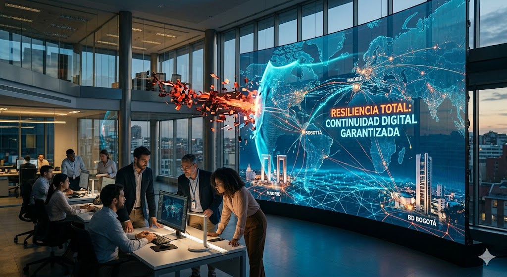 Expertos en ciberseguridad garantizando la continuidad digital de una empresa en España y Colombia ante ataques cibernéticos.