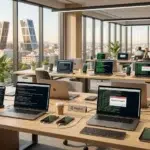 múltiples dispositivos corporativos expuestos a scripts automáticos en una oficina de Madrid, reflejando el alza de ataques por dispositivo.