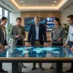 Equipo directivo B2B y expertos en tecnología ejecutando un plan de ciberresiliencia corporativa en una sala de crisis de alta tecnología para garantizar la continuidad del negocio frente a fraudes informáticos.