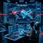 Especialistas en un Centro de Operaciones de Seguridad (SOC) corporativo implementando estrategias de ciberseguridad predictiva con Inteligencia Artificial para bloquear amenazas avanzadas y suplantación de identidad.