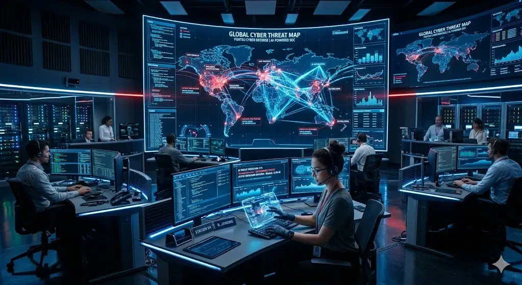 Especialistas en un Centro de Operaciones de Seguridad (SOC) corporativo implementando estrategias de ciberseguridad predictiva con Inteligencia Artificial para bloquear amenazas avanzadas y suplantación de identidad.