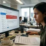 Primer plano fotorrealista de una empleada en una oficina de Madrid verificando escépticamente un email sospechoso en su monitor, ejemplificando la práctica de higiene digital Zero Trust.