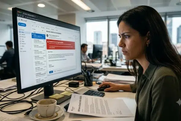 Primer plano fotorrealista de una empleada en una oficina de Madrid verificando escépticamente un email sospechoso en su monitor, ejemplificando la práctica de higiene digital Zero Trust.