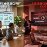 Junta directiva B2B analizando estratégicamente la inversión en ciberseguridad corporativa para prevenir el secuestro de datos y asegurar la continuidad financiera del negocio.