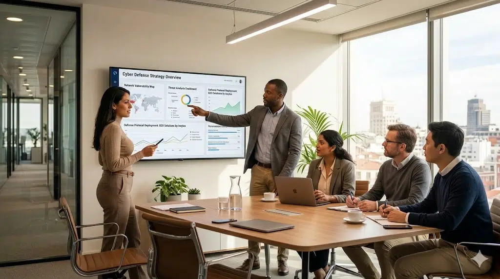 Equipo de especialistas y directivos en un entorno corporativo moderno analizando estrategias reales para mitigar los ataques a pymes y proteger la infraestructura empresarial.