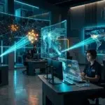 Especialistas en un SOC de Insylux Cybersecurity utilizando herramientas avanzadas para garantizar la visibilidad en ciberseguridad, iluminando redes oscuras con escáneres brillantes para detectar amenazas en empresas B2B.