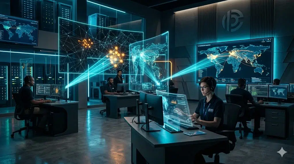Especialistas en un SOC de Insylux Cybersecurity utilizando herramientas avanzadas para garantizar la visibilidad en ciberseguridad, iluminando redes oscuras con escáneres brillantes para detectar amenazas en empresas B2B.