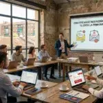 Fotografía fotorrealista de un taller de concienciación corporativa en Madrid, enfocado en reducir la vulnerabilidad del factor humano frente al phishing y la ingeniería social B2B.