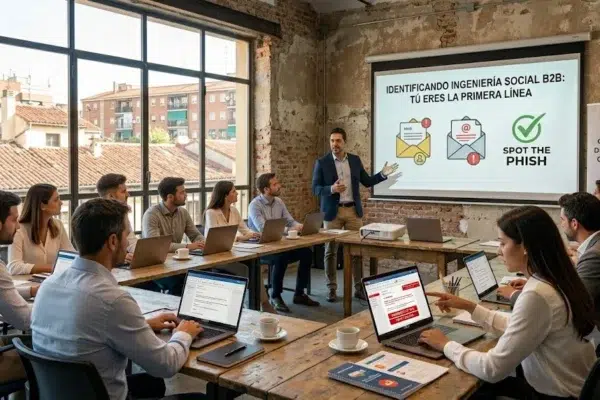 Fotografía fotorrealista de un taller de concienciación corporativa en Madrid, enfocado en reducir la vulnerabilidad del factor humano frente al phishing y la ingeniería social B2B.