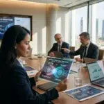 Comité directivo corporativo analizando en una tableta la integración técnica del gobierno de la IA (ISO 42001) y la ciberseguridad (ISO 27001) en una sala de juntas moderna B2B.