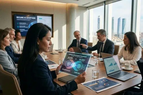 Comité directivo corporativo analizando en una tableta la integración técnica del gobierno de la IA (ISO 42001) y la ciberseguridad (ISO 27001) en una sala de juntas moderna B2B.