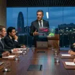 Junta directiva corporativa analizando métricas de validación empírica en una tableta y exigiendo pruebas de gobierno digital en una sala de reuniones ejecutiva.