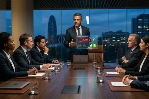 Junta directiva corporativa analizando métricas de validación empírica en una tableta y exigiendo pruebas de gobierno digital en una sala de reuniones ejecutiva.