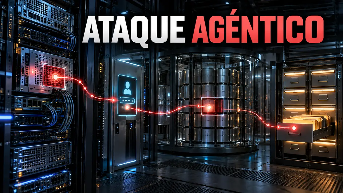 Infraestructura de aplicación con una ruta automatizada que atraviesa identidad, datos personales y archivo de facturación, bajo el titular Ataque agéntico.