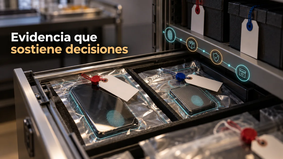 Dispositivos sellados en un cajón de custodia con señales digitales de integridad y el titular Evidencia que sostiene decisiones.