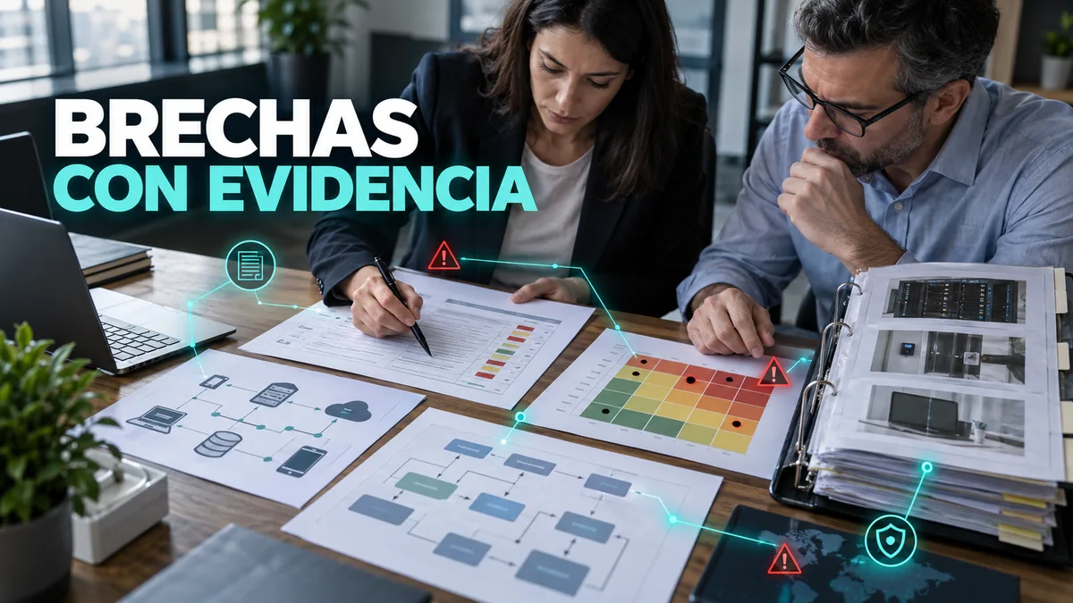 Dos profesionales revisan una matriz de riesgos, un mapa de procesos y evidencias bajo el titular Brechas con evidencia.