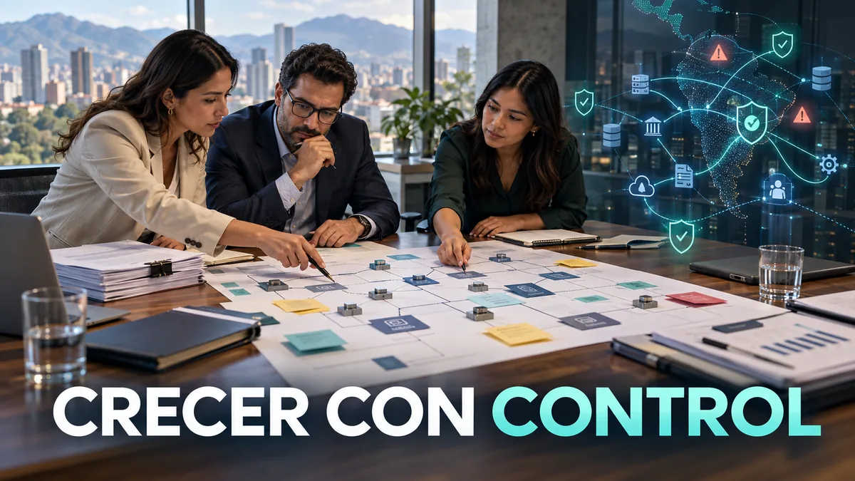 Equipo directivo analiza dependencias, riesgos y evidencias bajo el titular Crecer con control.