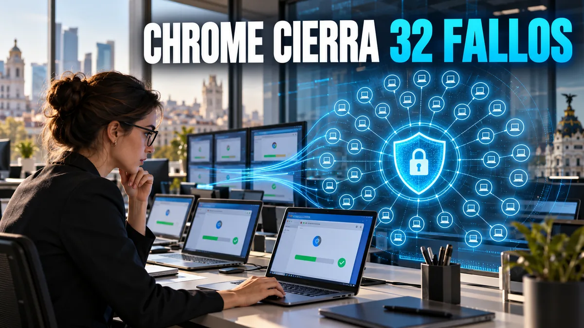 Portada editorial sobre Google Chrome con el titular CHROME CIERRA 32 FALLOS.