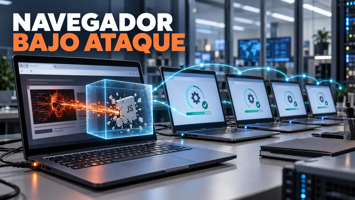Flota real de portátiles empresariales conectada a una página manipulada y una señal V8 con el titular Navegador bajo ataque