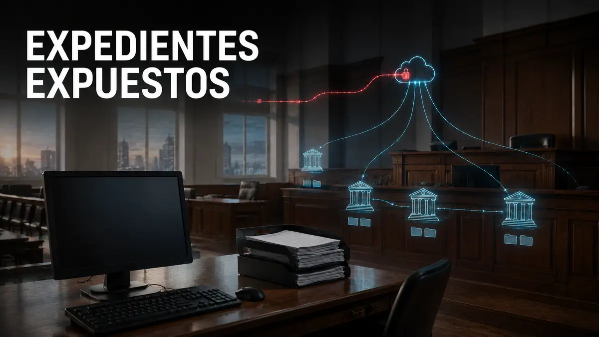 Tribunal vacío conecta expedientes judiciales con un entorno cloud mientras una ruta no autorizada alcanza los archivos