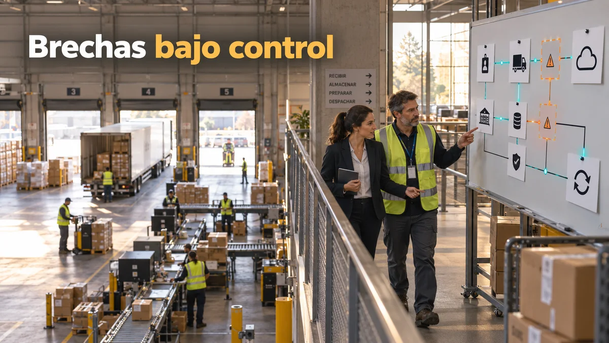 Evaluación de controles y dependencias en un almacén, con brechas destacadas sobre un tablero y el titular Brechas bajo control.