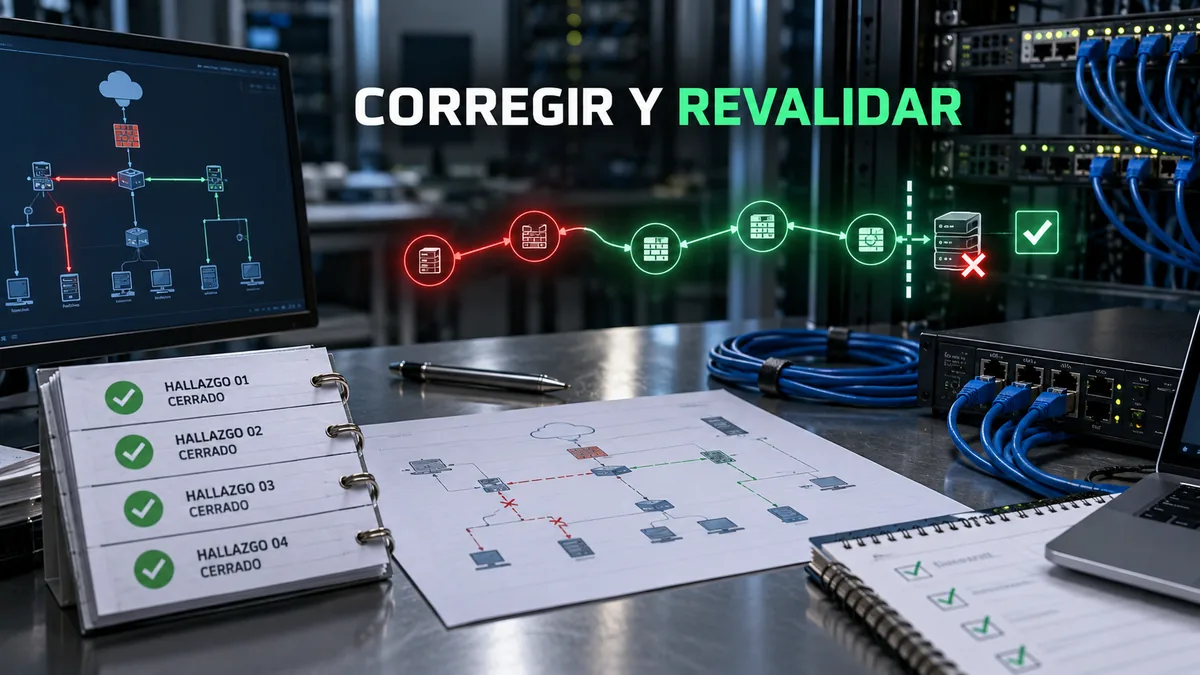 Laboratorio de red con hallazgos cerrados y una ruta de ataque bloqueada bajo el titular Corregir y revalidar.