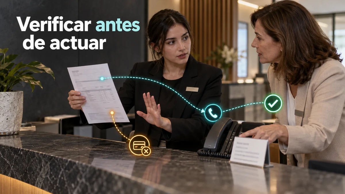 Dos mujeres ensayan la verificación telefónica de una solicitud de cambio bancario, con el titular Verificar antes de actuar.