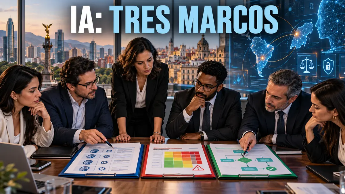 Portada editorial que compara ISO 42001, AI Act e ISO 27001 para empresas.