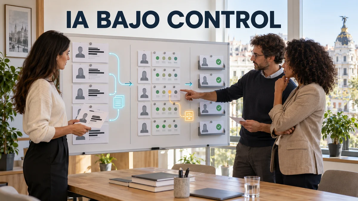 Equipo diverso revisando fichas y criterios de evaluación de IA en una oficina de Madrid, con conexiones digitales discretas y el titular IA bajo control