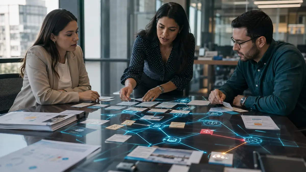 Equipo diverso evalúa impactos, controles y supervisión humana durante la implementación de ISO 42001