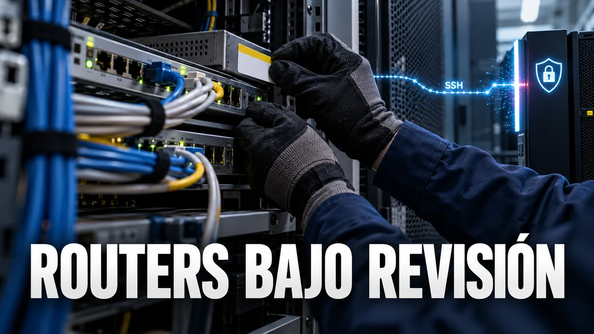 Router empresarial bajo mantenimiento y ruta SSH controlada, con el titular Routers bajo revisión.