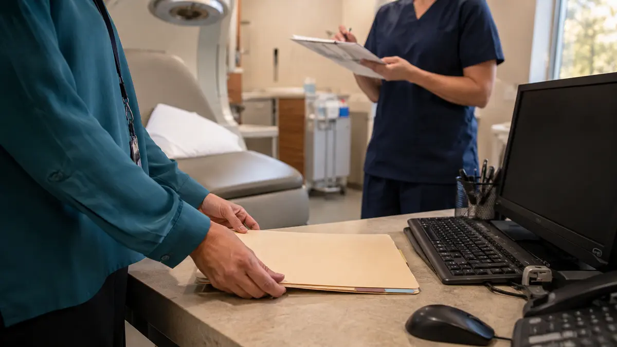 Profesional de privacidad cierra un expediente junto a un puesto clínico de oncología