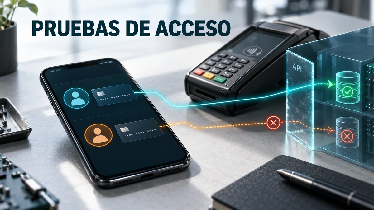 Teléfono y terminal de pago reales con rutas digitales de acceso permitido y bloqueado a una API, bajo el titular Pruebas de acceso