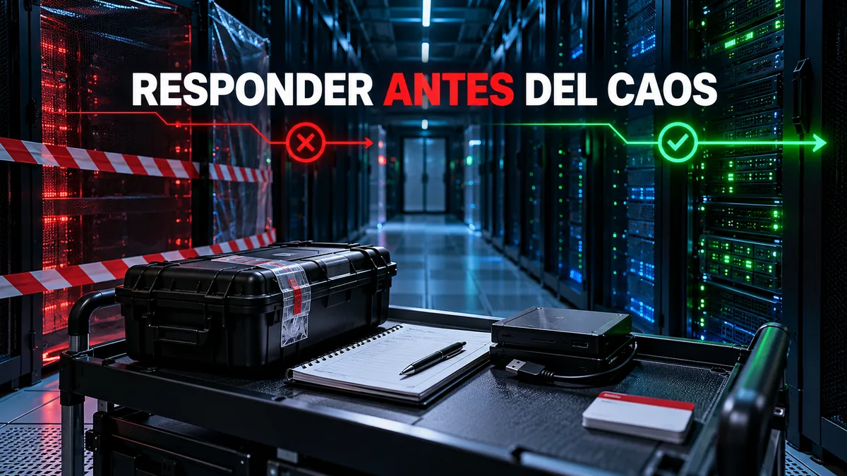 Centro de datos con evidencia preservada y ruta de recuperación bajo el titular Responder antes del caos.