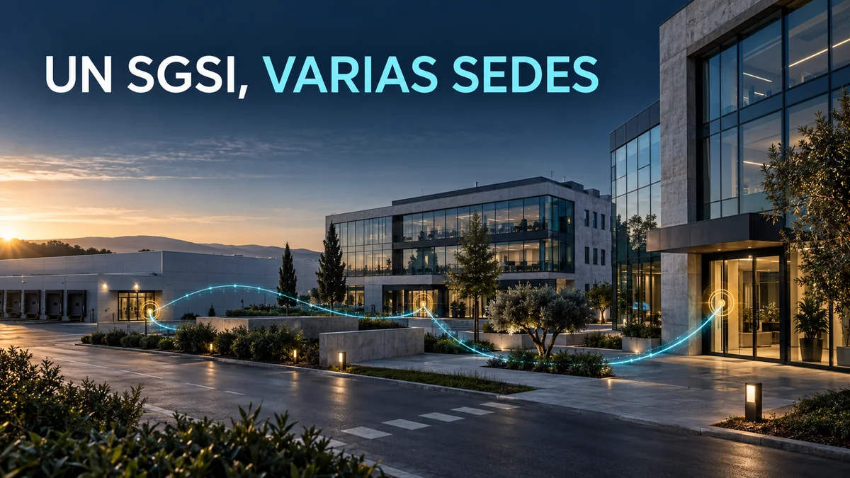 Tres edificios empresariales conectados por rutas de evidencia del sistema de gestión, con el titular Un SGSI, varias sedes.