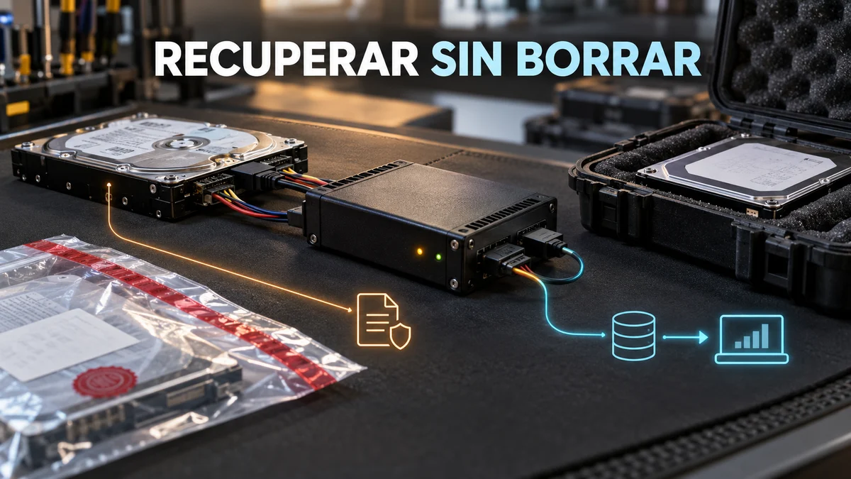 Discos y equipo de adquisición forense sobre una mesa de laboratorio con rutas de preservación y recuperación, y el titular Recuperar sin borrar