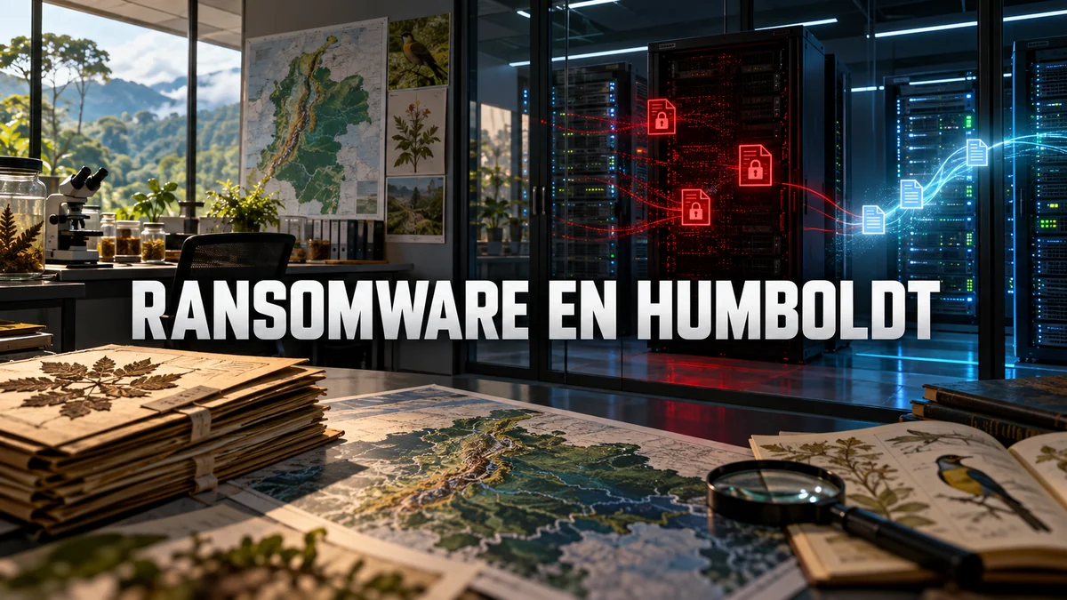 Oficina de investigación ambiental junto a servidores cifrados y ruta de recuperación, con el titular Ransomware en Humboldt.