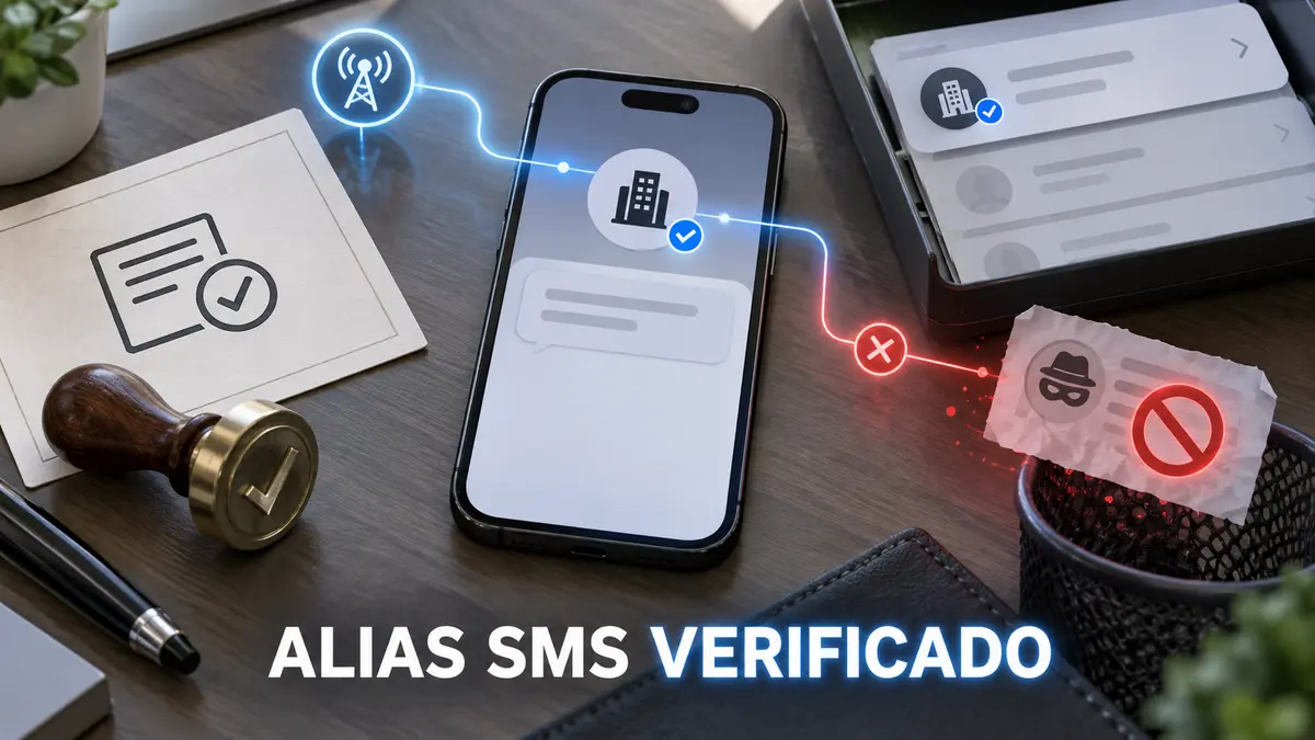 Teléfono con remitente corporativo verificado y ruta que bloquea un mensaje suplantado, bajo el titular Alias SMS verificado.