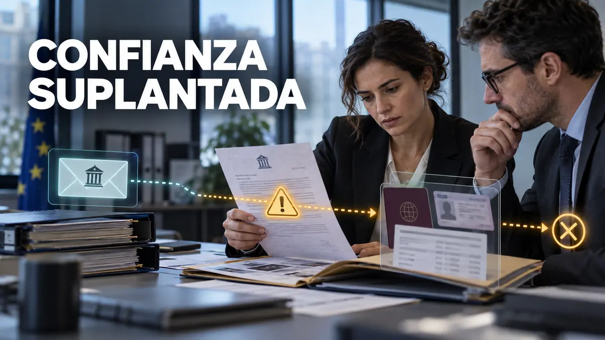 Equipo revisa una solicitud oficial falsa y documentos de identidad bajo alertas de verificación