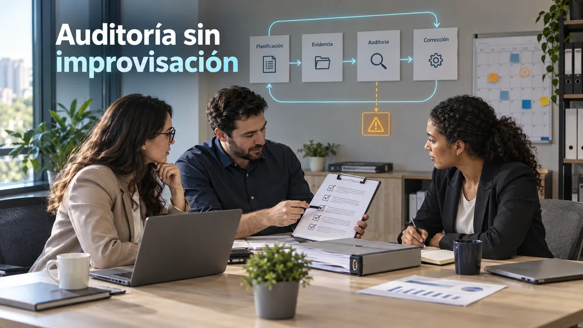 Tres profesionales revisan evidencias de auditoría y un ciclo de mejora del SGSI, bajo el titular Auditoría sin improvisación.