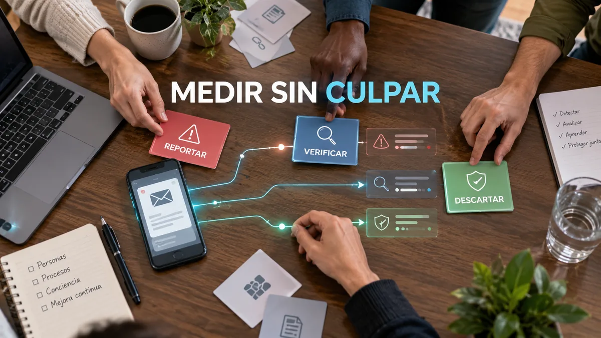 Equipo diverso clasifica reportar, verificar y descartar mensajes simulados bajo el titular Medir sin culpar.