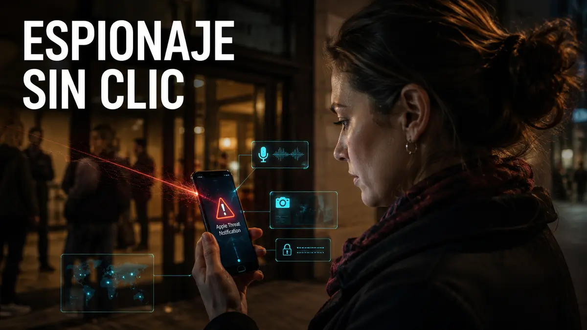 Mujer recibe una alerta de spyware mercenario mientras señales de cámara, micrófono y datos muestran el alcance de una infección zero-click