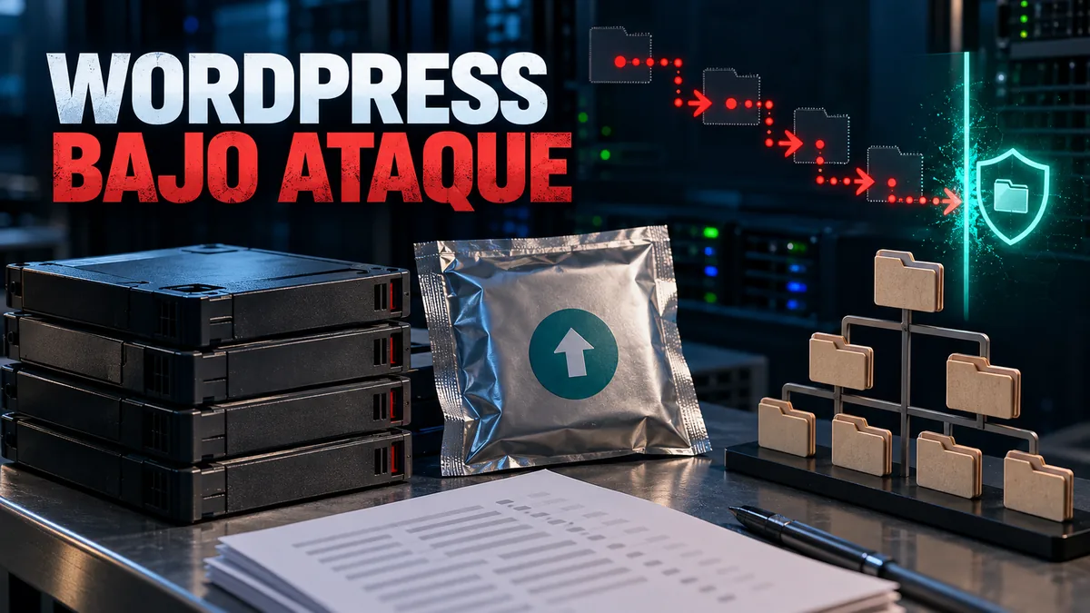 Infraestructura de un sitio WordPress bajo revisión con señales de riesgo y el titular WordPress bajo ataque.
