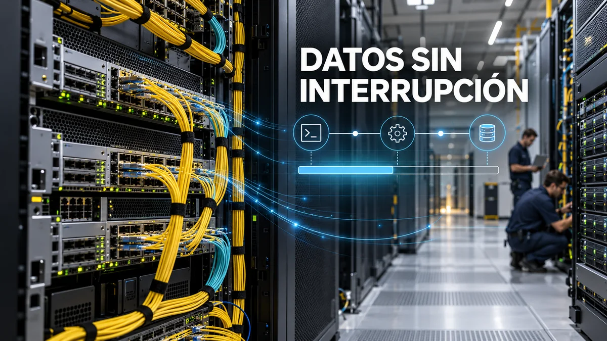 Portada editorial «DATOS SIN INTERRUPCIÓN»: red de almacenamiento y mantenimiento de equipos.