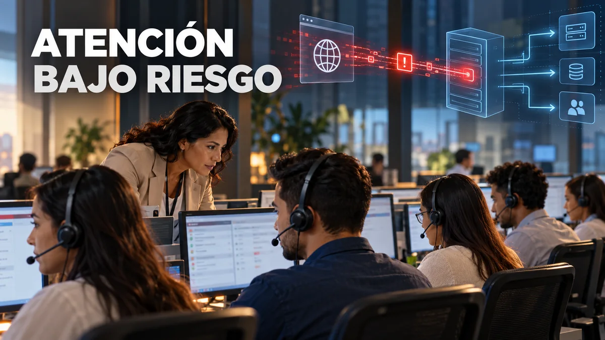 Portada editorial «ATENCIÓN BAJO RIESGO»: equipo de atención al cliente y conexiones de servicios.