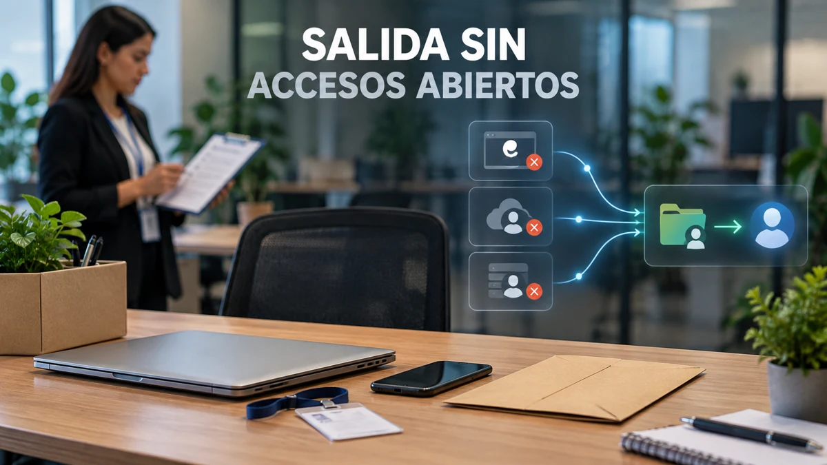 Escritorio desocupado con credencial devuelta; accesos revocados y documentos transferidos a un nuevo responsable.